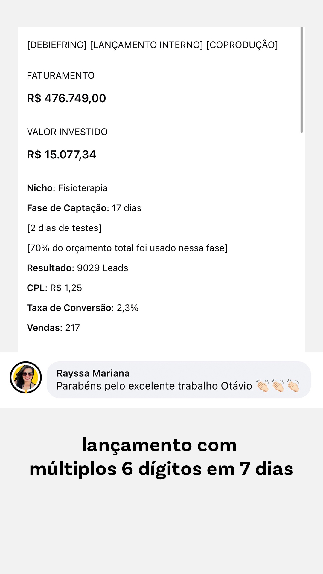 Resultado de lançamento — R$ 476.749 em 7 dias